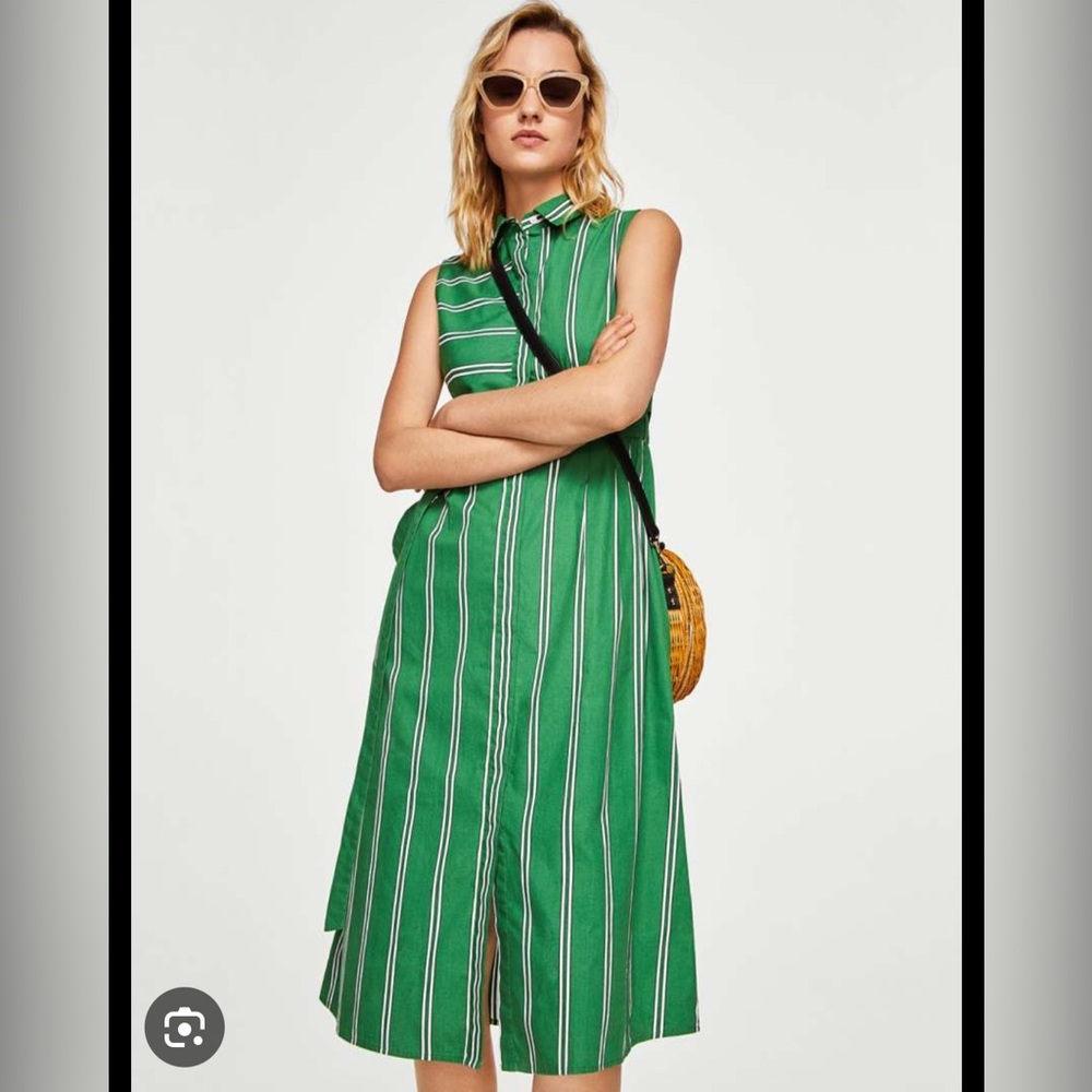 Mango Green Sleeveless Polo Collar A-Line Dress